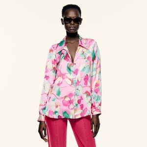 ZARA Pink Floral Satin Effect Blouse